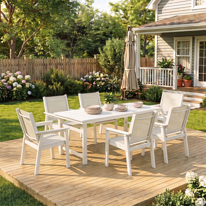 Lausaint Home 7-Piece Outdoor HDPE Dining Set with Textilene Chairs &amp; Umbrella Hole Table