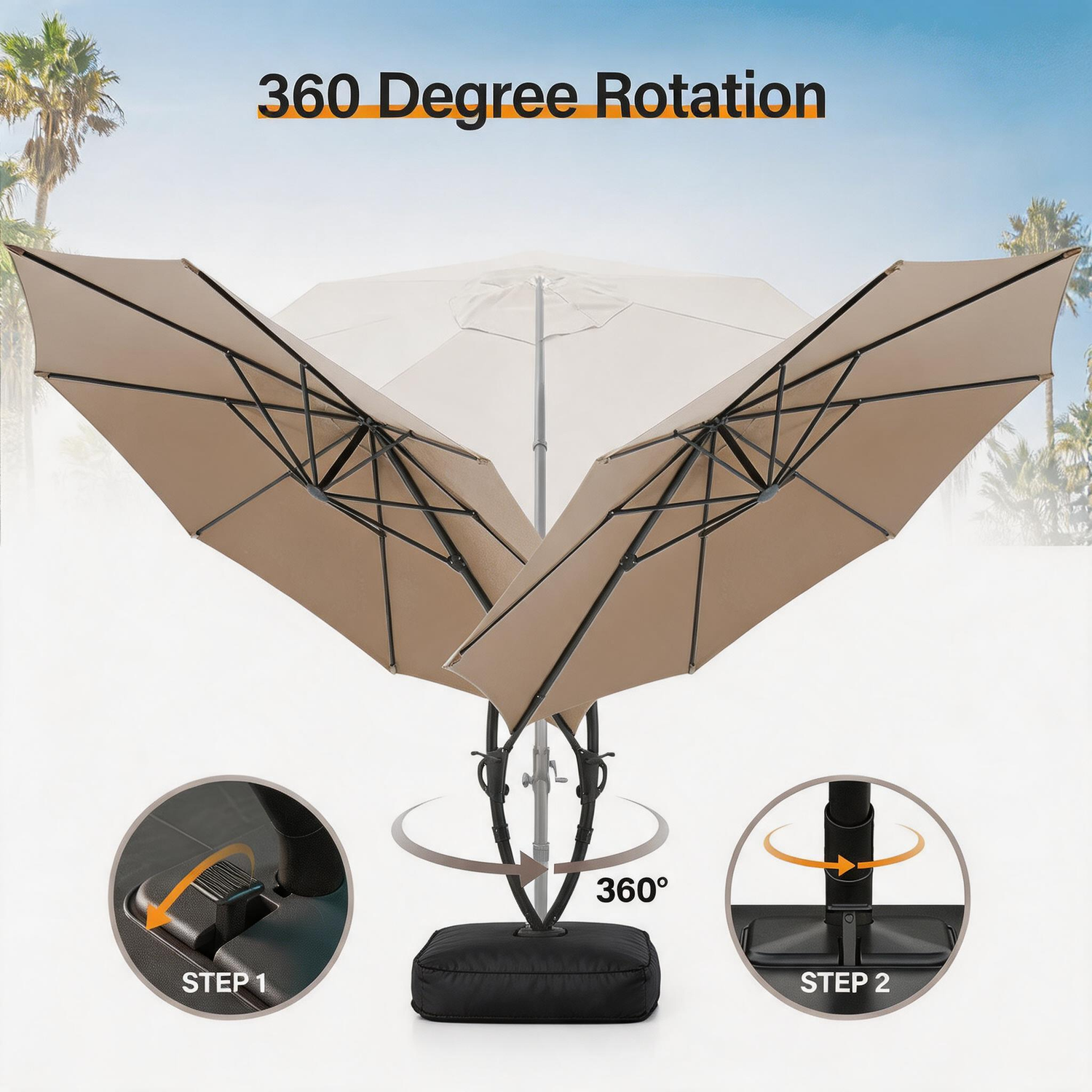 cantilever patio umbrella with 360 degree rotation with bace Lighted Base The vented canopy ensures airflow and stability LAUSAINT HOME 12 ft. Metal