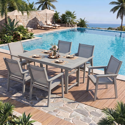 Lausaint Home 7-Piece Outdoor HDPE Dining Set with Textilene Chairs &amp; Umbrella Hole Table