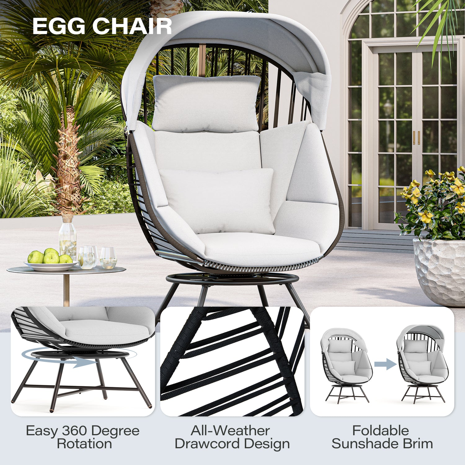 LAUSAINT HOME Oversized 360° Swivel Rattan Egg Chair with Cushion