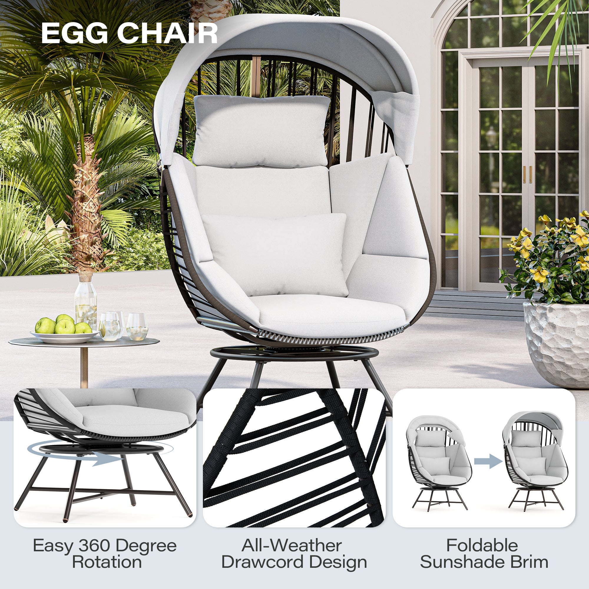 LAUSAINT HOME Oversized 360° Swivel Rattan Egg Chair with Cushion