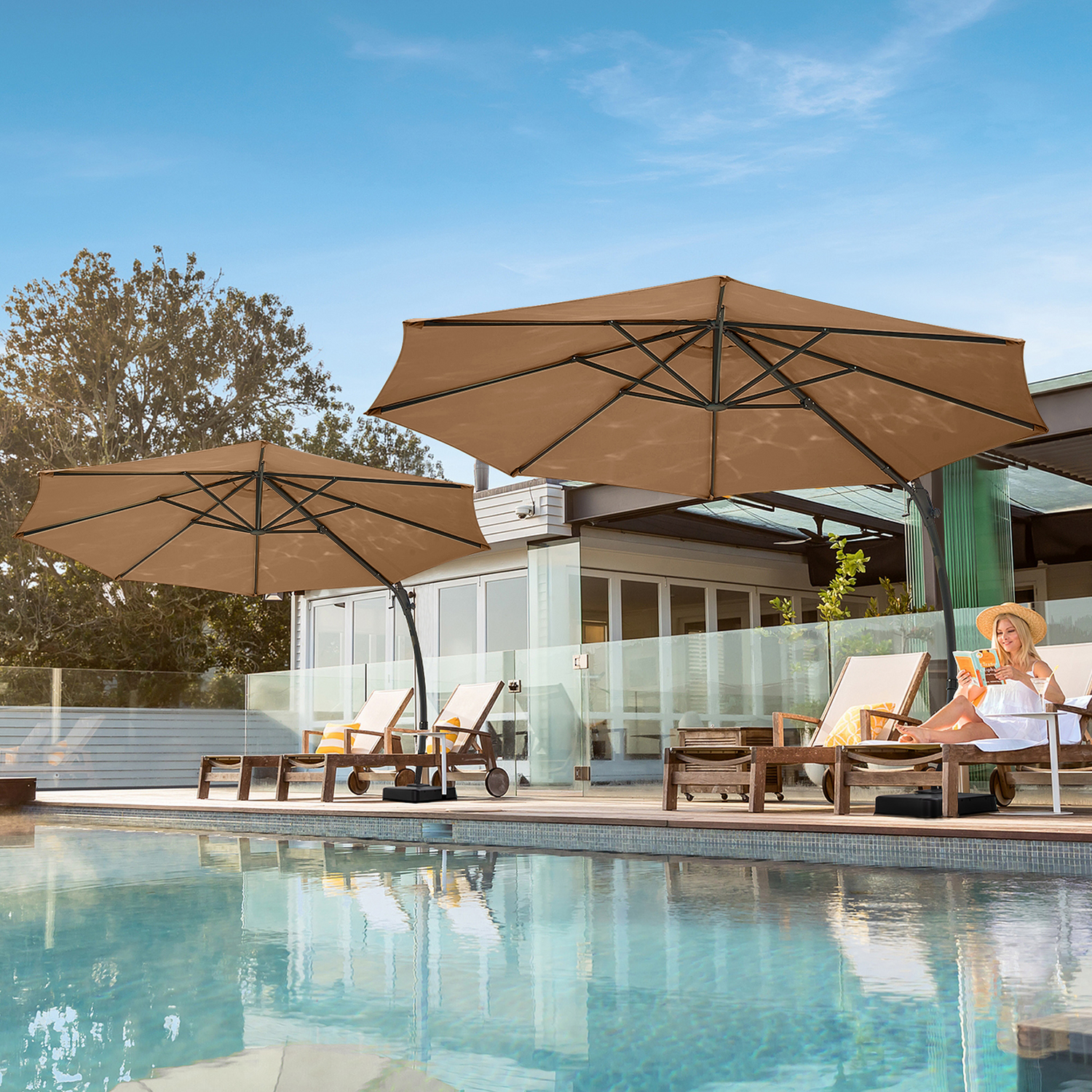 LAUSAINT HOME 10 Ft Outdoor Patio Umbrella with Base included, Deluxe Curvy Cantilever Umbrella, 360° Rotation