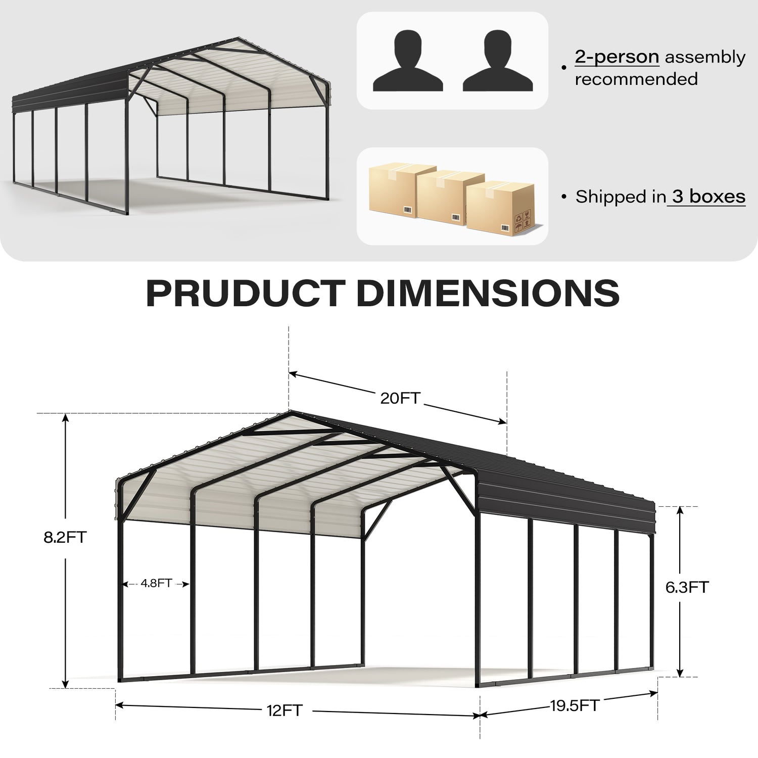 12 X 20 FT Galvanized Steel Carport