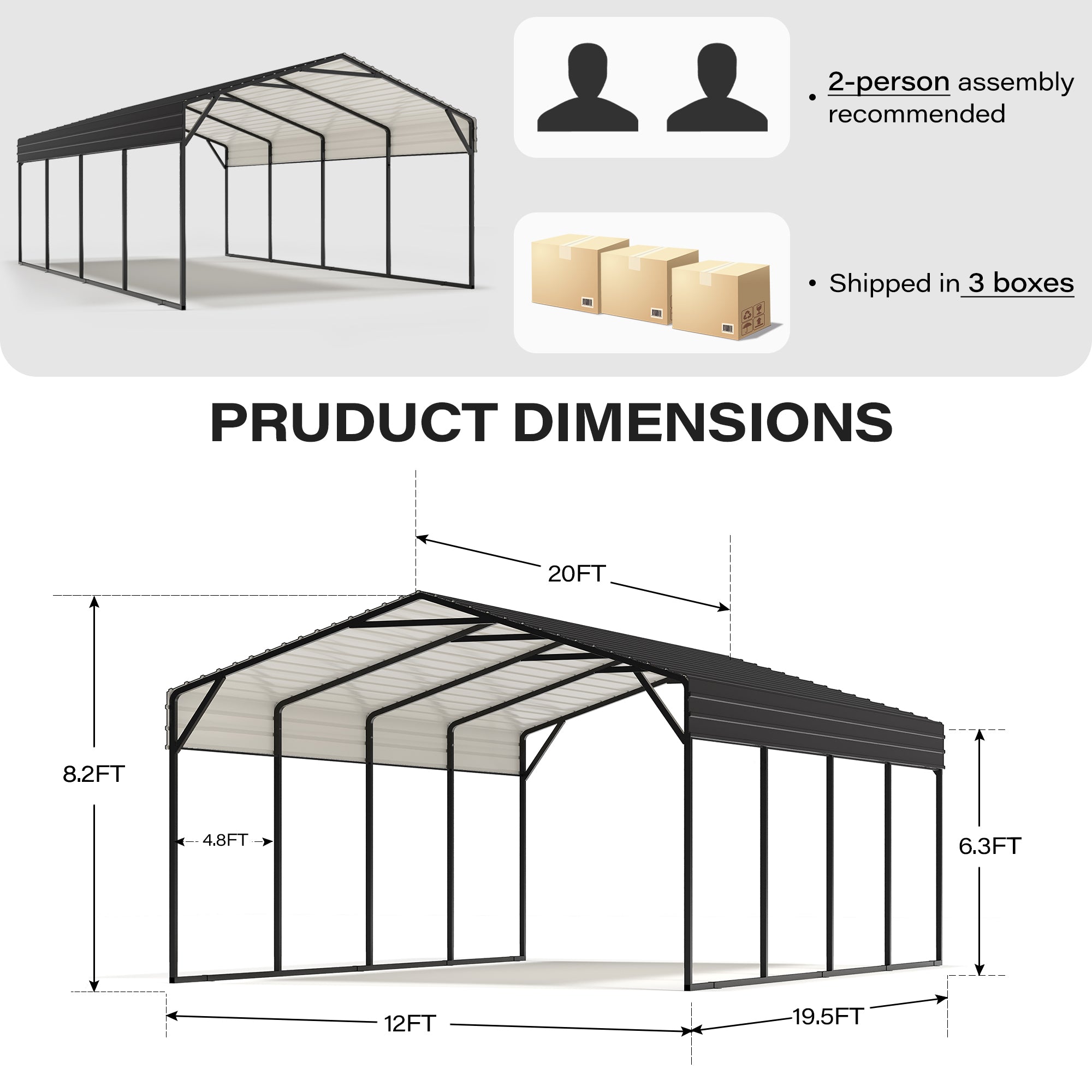 12 X 20 FT Galvanized Steel Carport