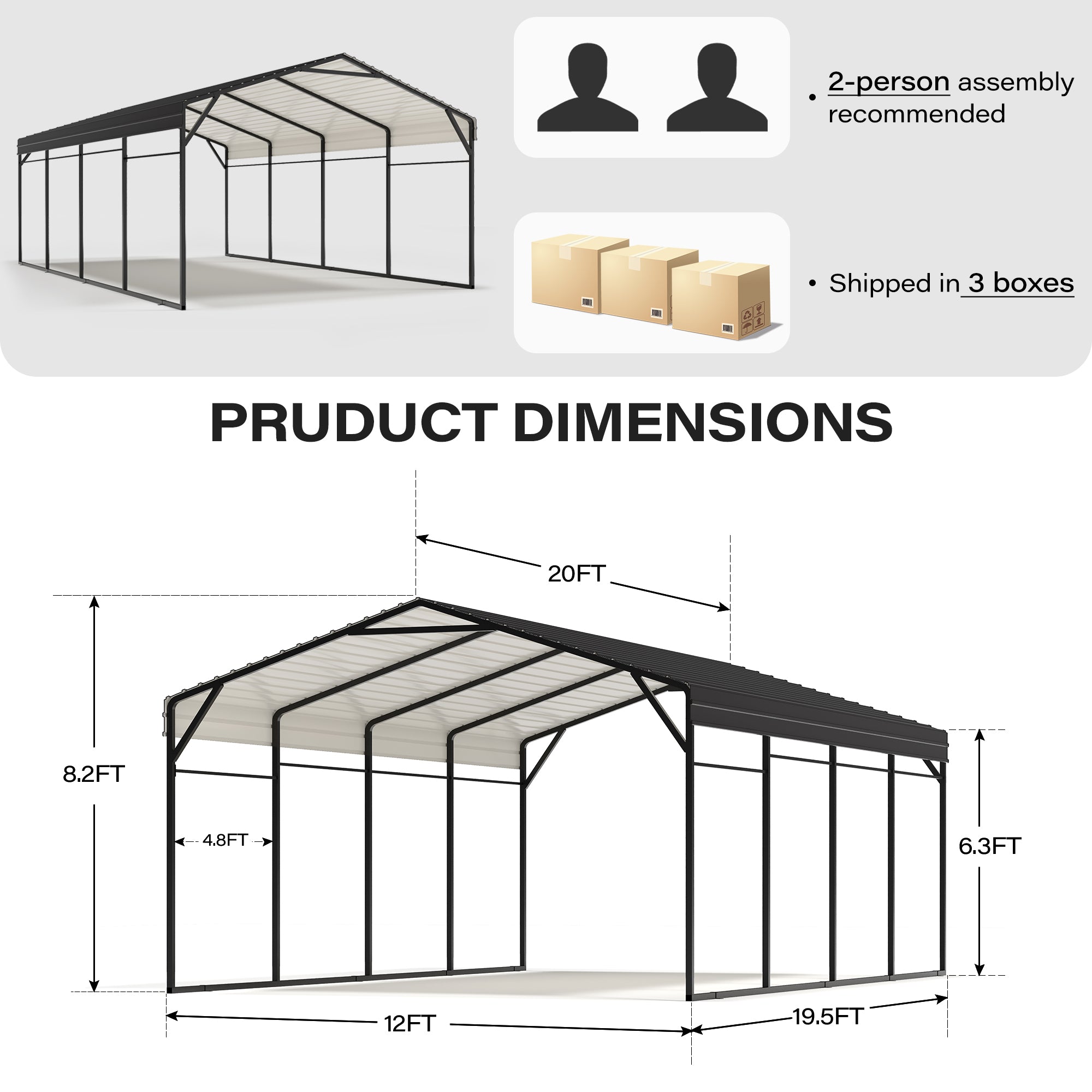 LAUSAINT HOME 12x20 FT Metal Carport Enhanced Base Heavy Duty Garage Car Shelter