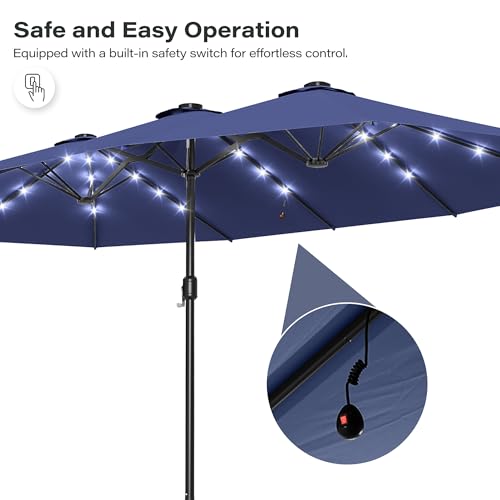 LAUSAINT HOME Large Double-Sided Rectangle Patio Umbrella with LED Light and Base, 13FT/15FT