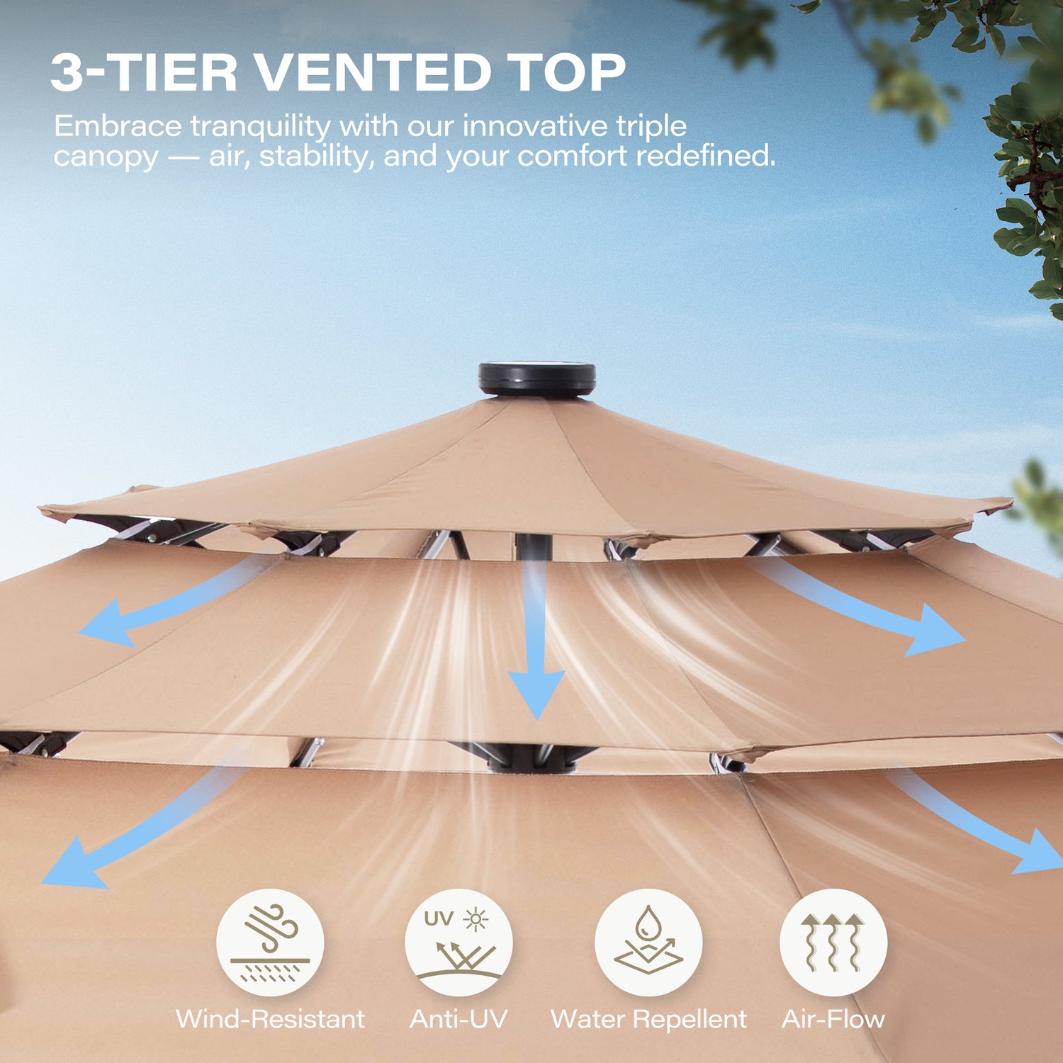 10ft 3 Tier Patio Umbrella with Solar Lights