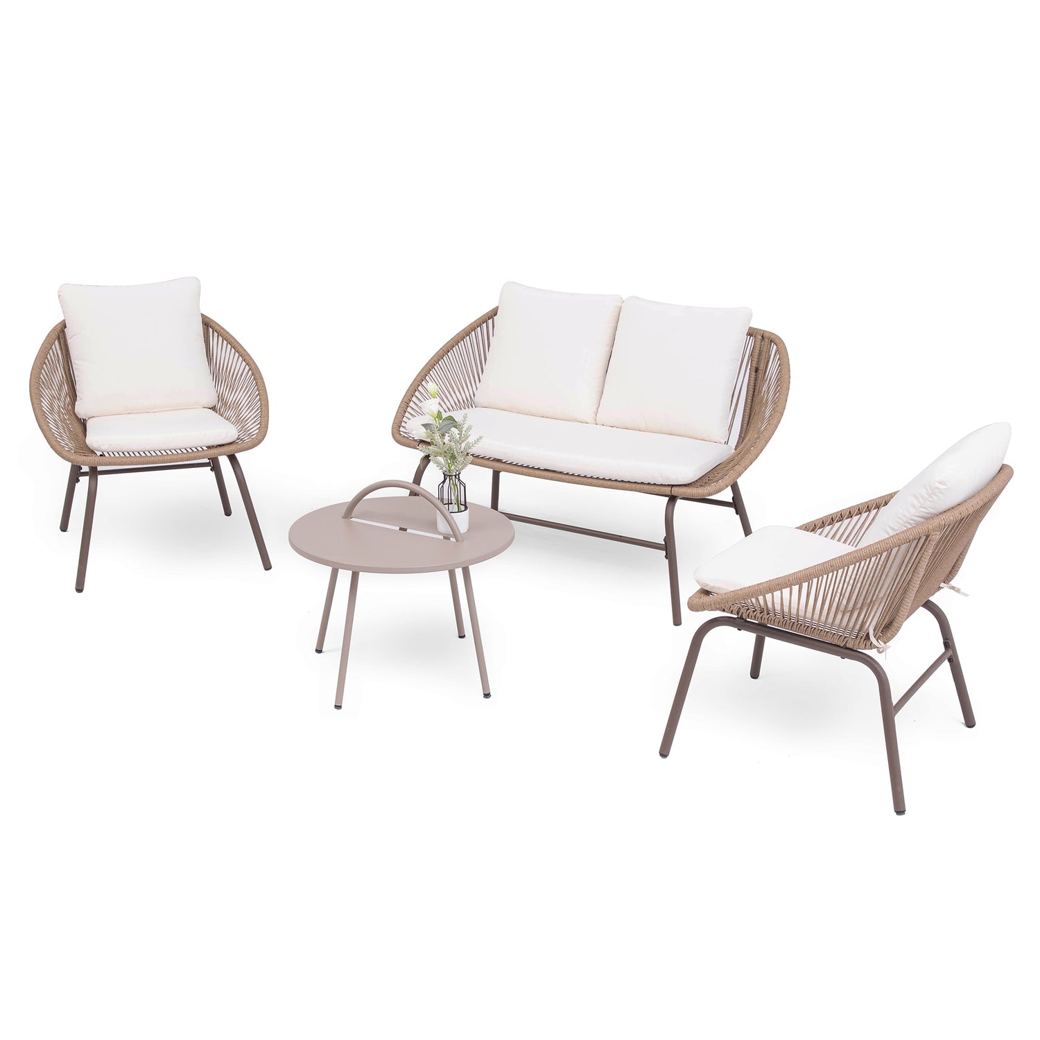 4-Piece Bohemian Patio Conversation Set, Rope Woven Furniture