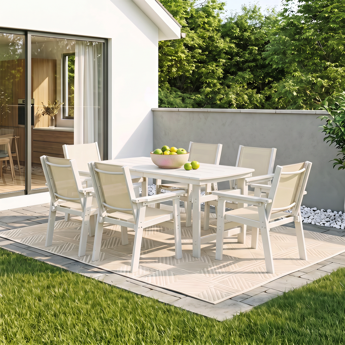 Lausaint Home 7-Piece Outdoor HDPE Dining Set with Textilene Chairs &amp; Umbrella Hole Table