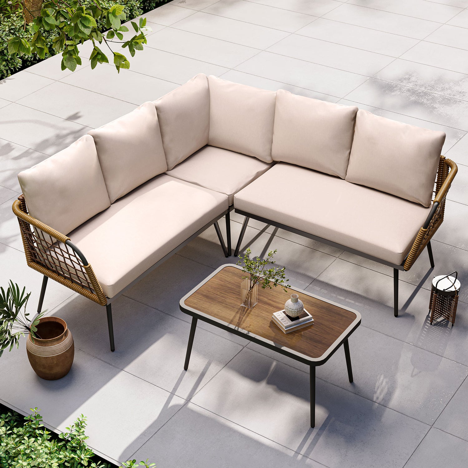4 Pieces L- Shaped Patio Furniture Set