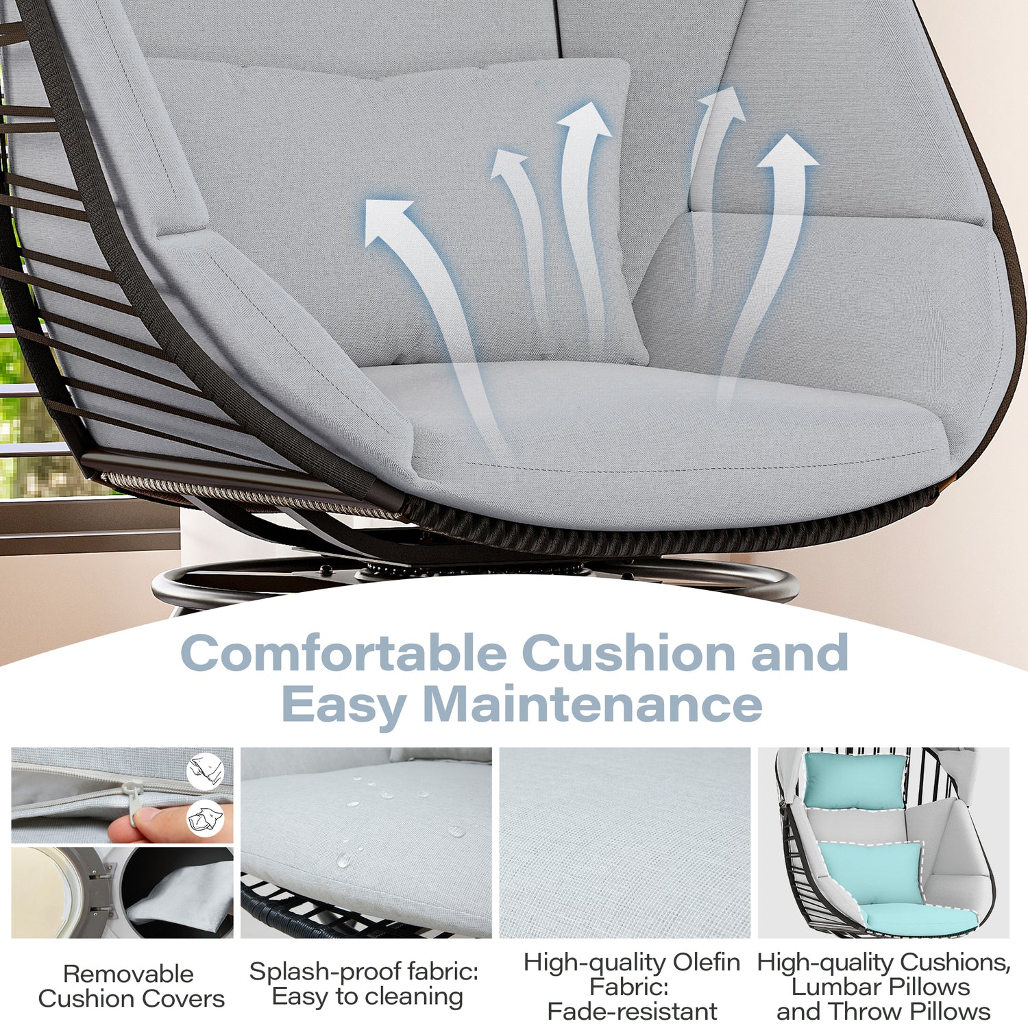 LAUSAINT HOME Oversized 360° Swivel Rattan Egg Chair with Cushion