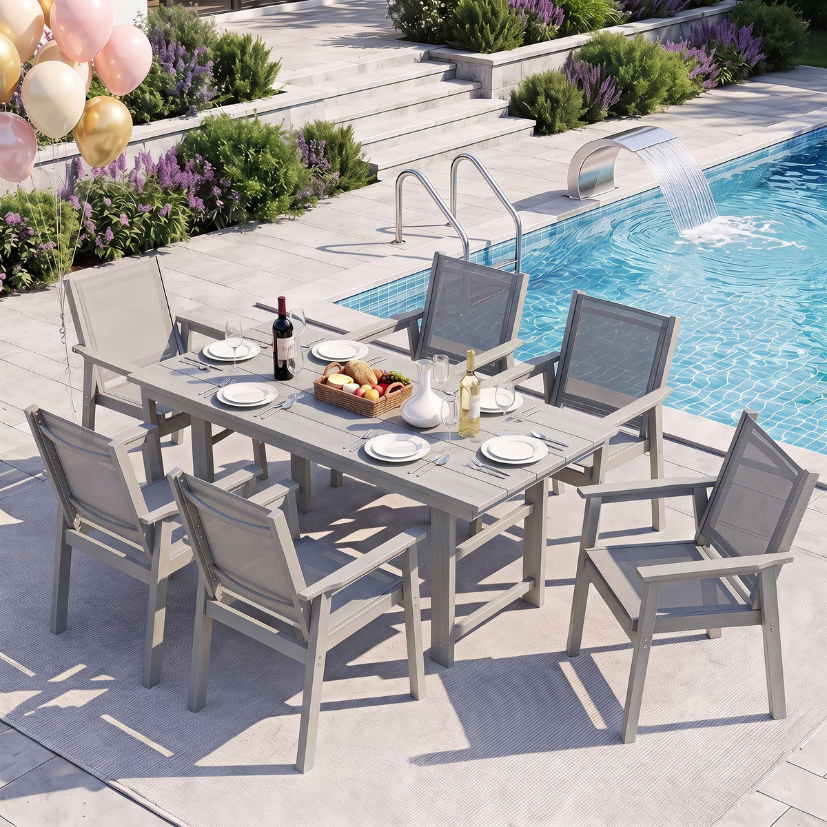 Lausaint Home 7-Piece Outdoor HDPE Dining Set with Textilene Chairs &amp; Umbrella Hole Table