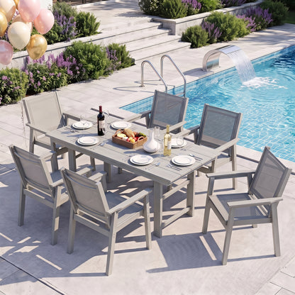 Lausaint Home 7-Piece Outdoor HDPE Dining Set with Textilene Chairs &amp; Umbrella Hole Table