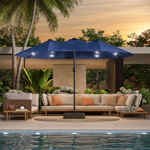 LAUSAINT HOME Large Double-Sided Rectangle Patio Umbrella with LED Light and Base, 13FT/15FT