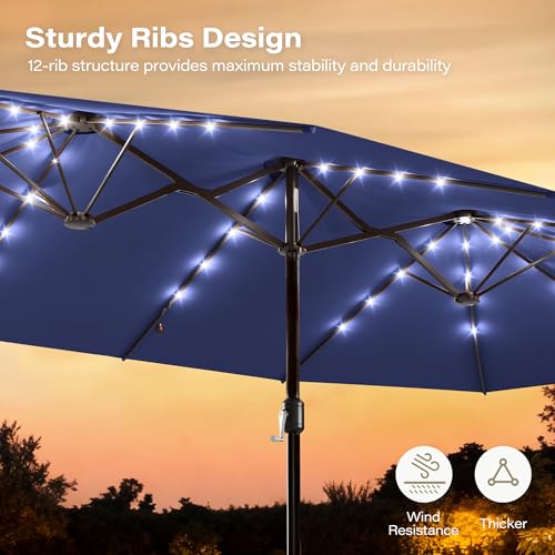 LAUSAINT HOME Large Double-Sided Rectangle Patio Umbrella with LED Light and Base, 13FT/15FT