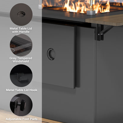 LAUSAINT HOME 64 Inch Outdoor Fire Pit Table 55,000 BTU Gas Fire Pit with Lid with Glass Wind Guard for Outside Patio