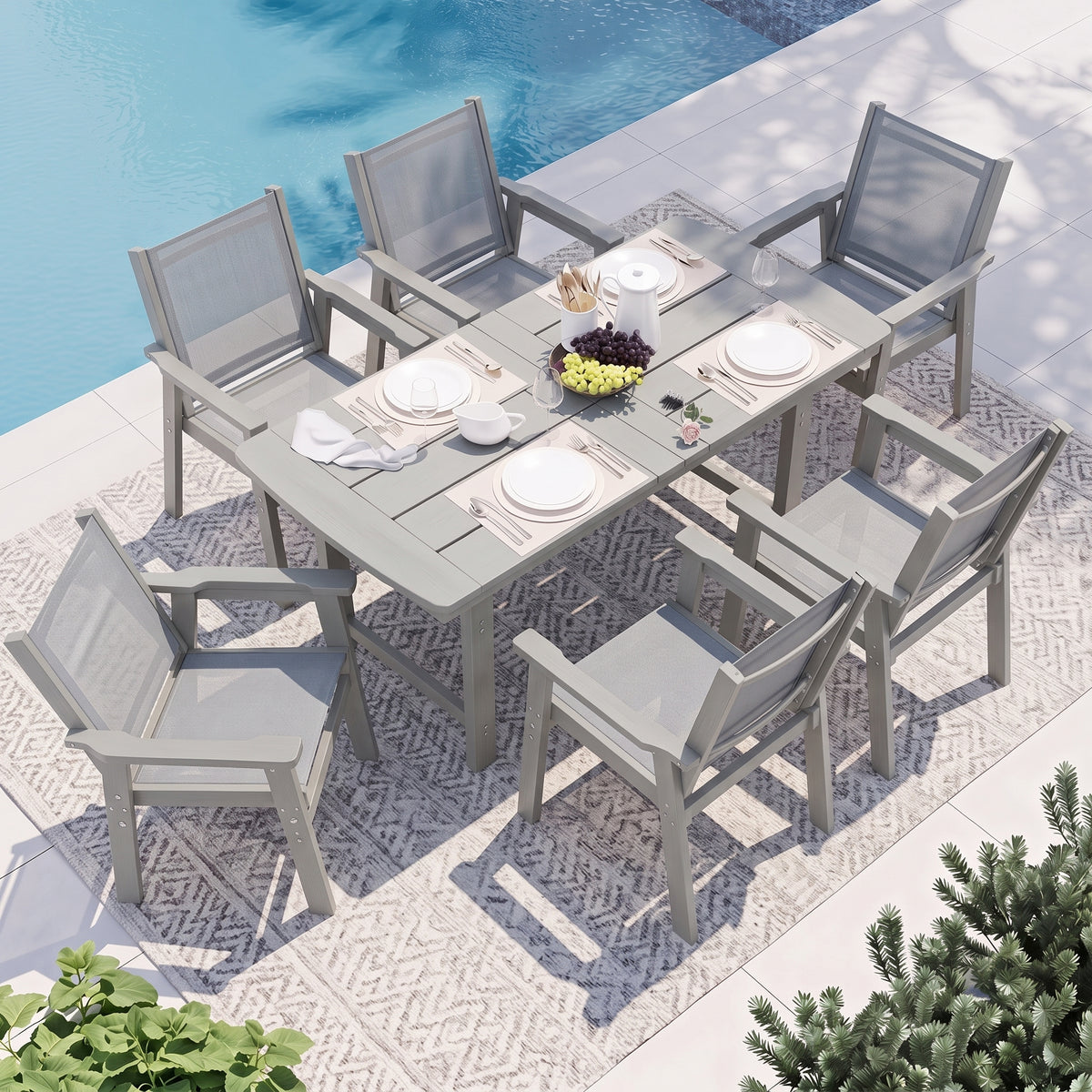 Lausaint Home 7-Piece Outdoor HDPE Dining Set with Textilene Chairs &amp; Umbrella Hole Table