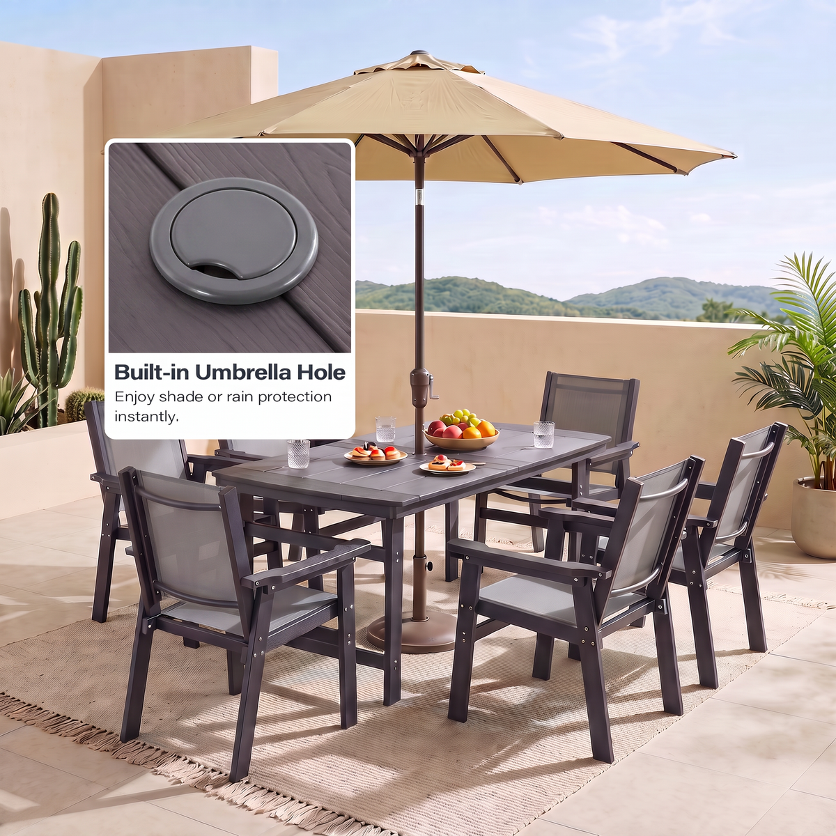 Lausaint Home 7-Piece Outdoor HDPE Dining Set with Textilene Chairs &amp; Umbrella Hole Table
