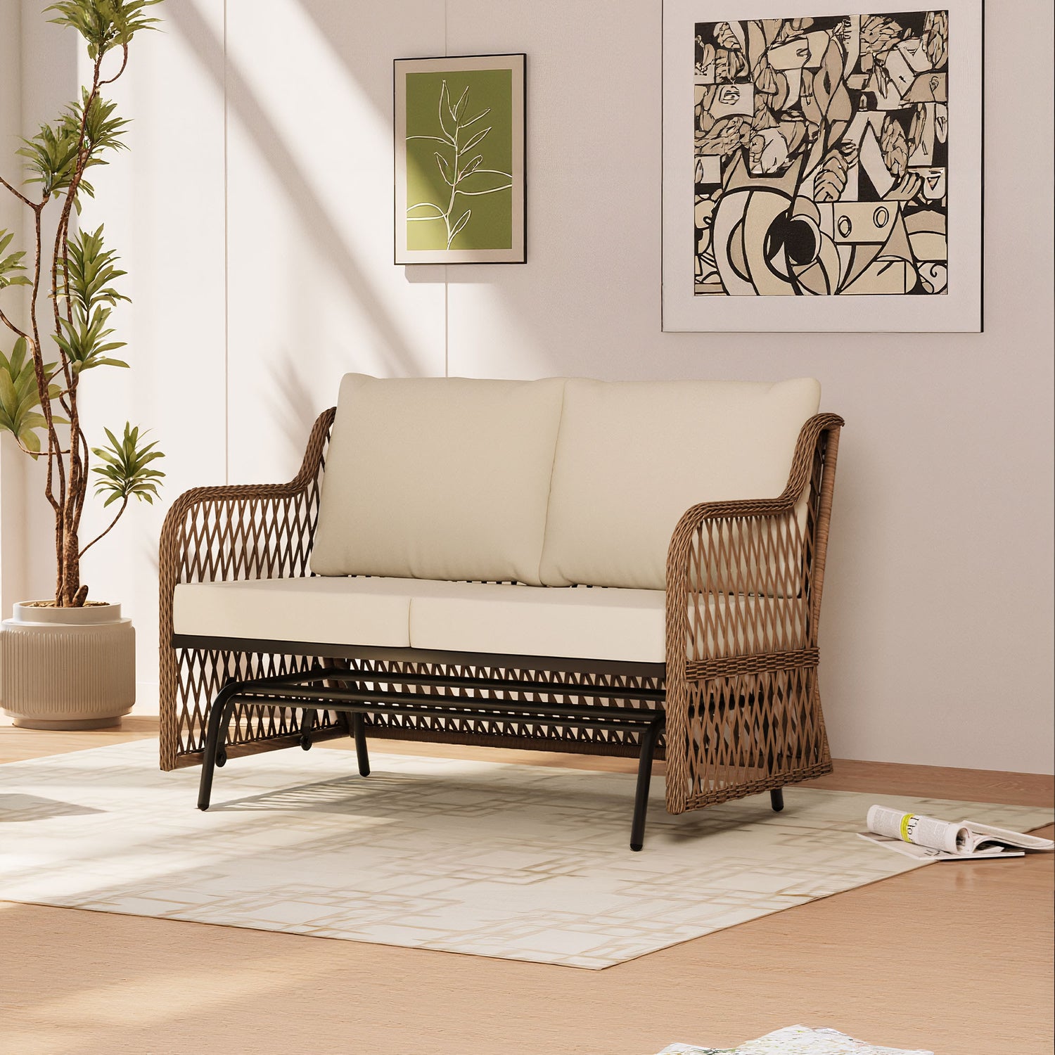 LAUSAINT HOME 2 Person Outdoor Ratten Patio Swing Glider with Cushion