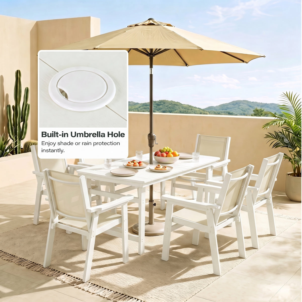 Lausaint Home 7-Piece Outdoor HDPE Dining Set with Textilene Chairs &amp; Umbrella Hole Table