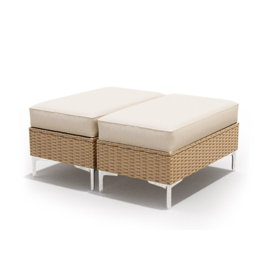 LAUSAINT HOME 2 Pieces Outdoor Patio Ottoman Set with Large 5-Inch Beige Cushions, Steel Frame & Storage Side Table Footrest, All-Weather Rattan Seating for Garden, Balcony, Deck, 18" x 30"