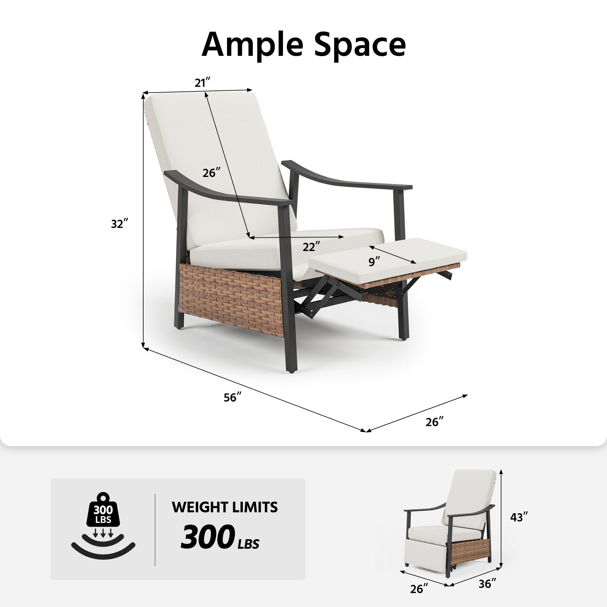 LAUSAINT HOME Outdoor Recliner Chair with Adjustable Back and Footrest