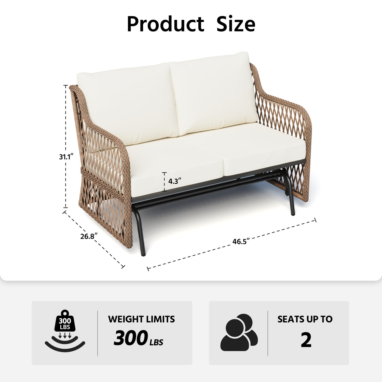 LAUSAINT HOME 2 Person Outdoor Ratten Patio Swing Glider with Cushion