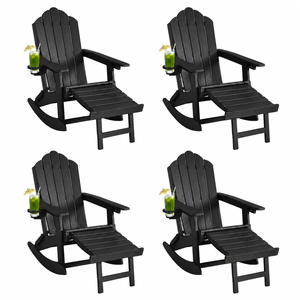 LAUSAINT HOME Folding Adirondack Rocking Chairs Set with Retractable Ottomans, 3-Position Adjustable Backrests and Cup Holders