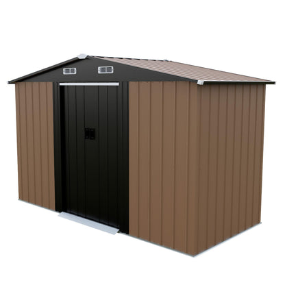 LAUSAINT HOME 8 x 6 FT Outdoor Storage Shed with Window, Galvanized Steel Storage Shed, Double Lockable Doors, Gable Roof &amp; Air Vent for Backyard, Brown