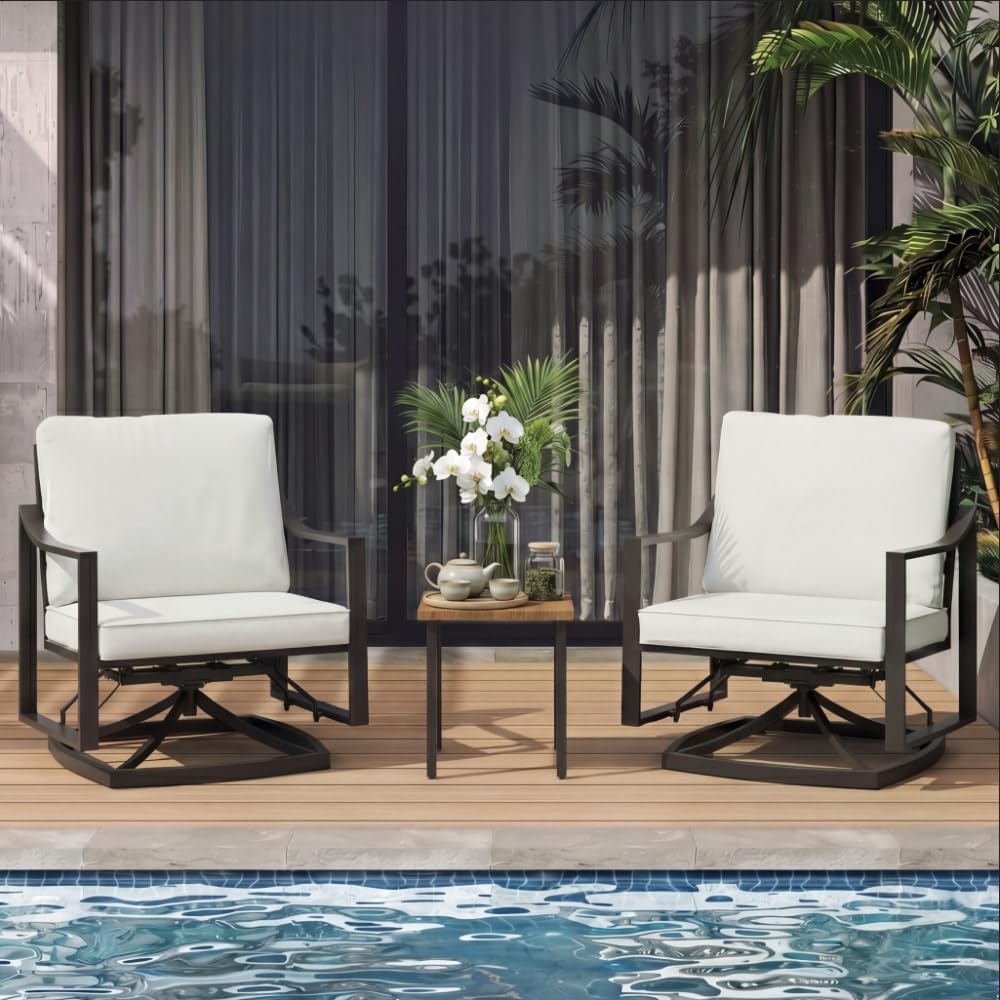 LAUSAINT HOME Outdoor Rocking Bistro Set, 3 Piece Swivel Glider Patio Conversation Set with 4" Thick Cushions &amp; Wood-Like Coffee Table, Oversized 360° Swivel Rocking Chairs for Garden Backyard (Beige)