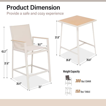 LAUSAINT HOME 3-Piece Patio Bar Set, All Weather Textilene Bar Height Table and Chairs Set