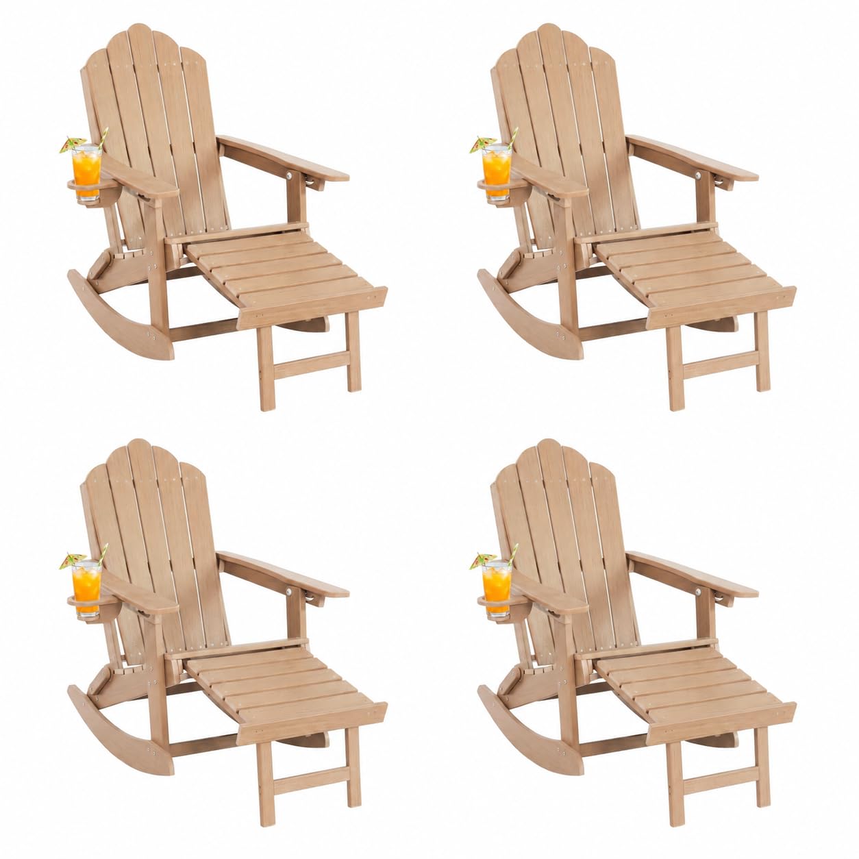 LAUSAINT HOME Folding Adirondack Rocking Chairs Set with Retractable Ottomans, 3-Position Adjustable Backrests and Cup Holders