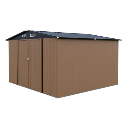LAUSAINT HOME 8 x 6 FT Outdoor Storage Shed with Window, Galvanized Steel Storage Shed, Double Lockable Doors, Gable Roof &amp; Air Vent for Backyard, Brown