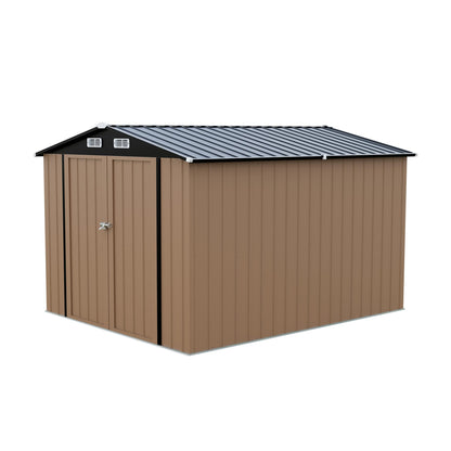 LAUSAINT HOME 8 x 6 FT Outdoor Storage Shed with Window, Galvanized Steel Storage Shed, Double Lockable Doors, Gable Roof &amp; Air Vent for Backyard, Brown