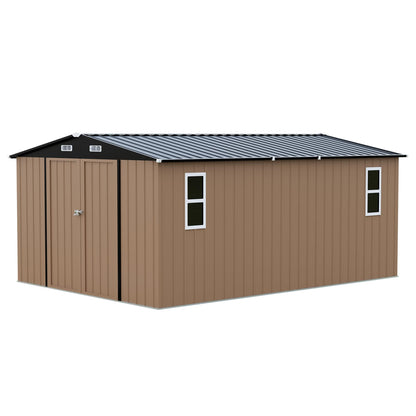 LAUSAINT HOME 8 x 6 FT Outdoor Storage Shed with Window, Galvanized Steel Storage Shed, Double Lockable Doors, Gable Roof &amp; Air Vent for Backyard, Brown