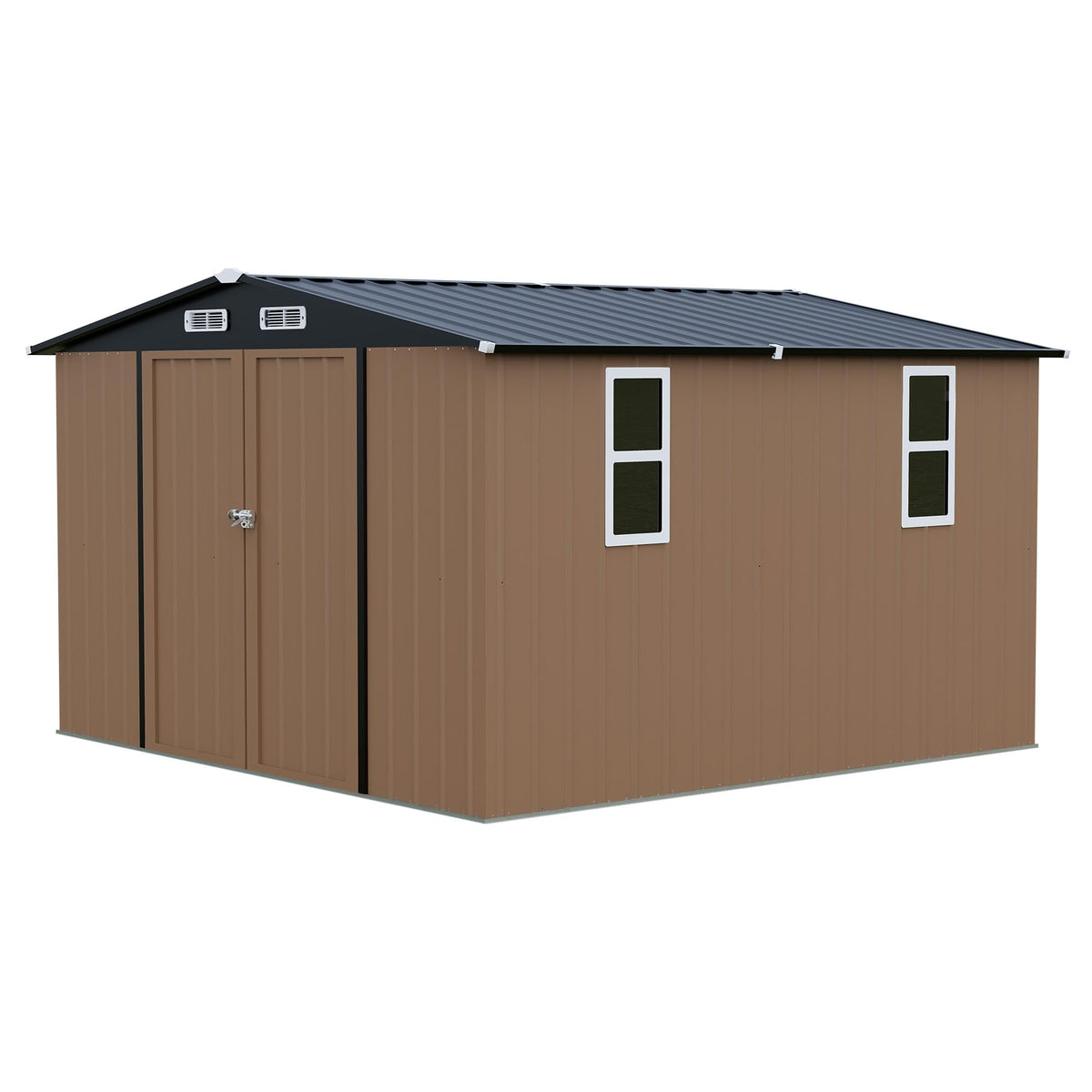 LAUSAINT HOME 8 x 6 FT Outdoor Storage Shed with Window, Galvanized Steel Storage Shed, Double Lockable Doors, Gable Roof &amp; Air Vent for Backyard, Brown