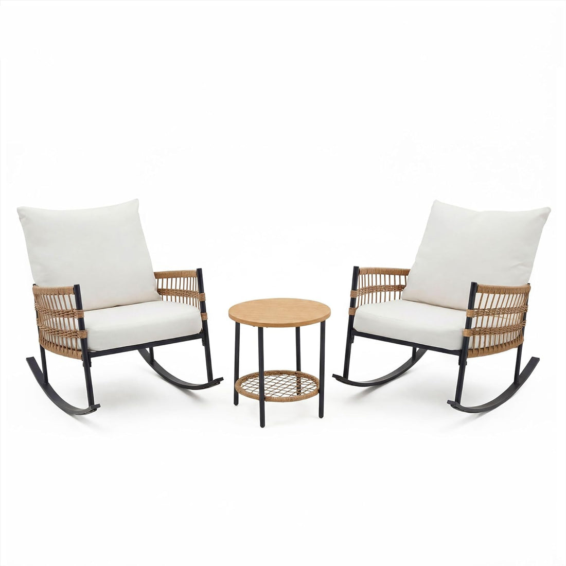 LAUSAINT HOME 3-Piece Patio Rocking Chairs Set, Outdoor PE Wicker Patio Furniture with Thick Cushions