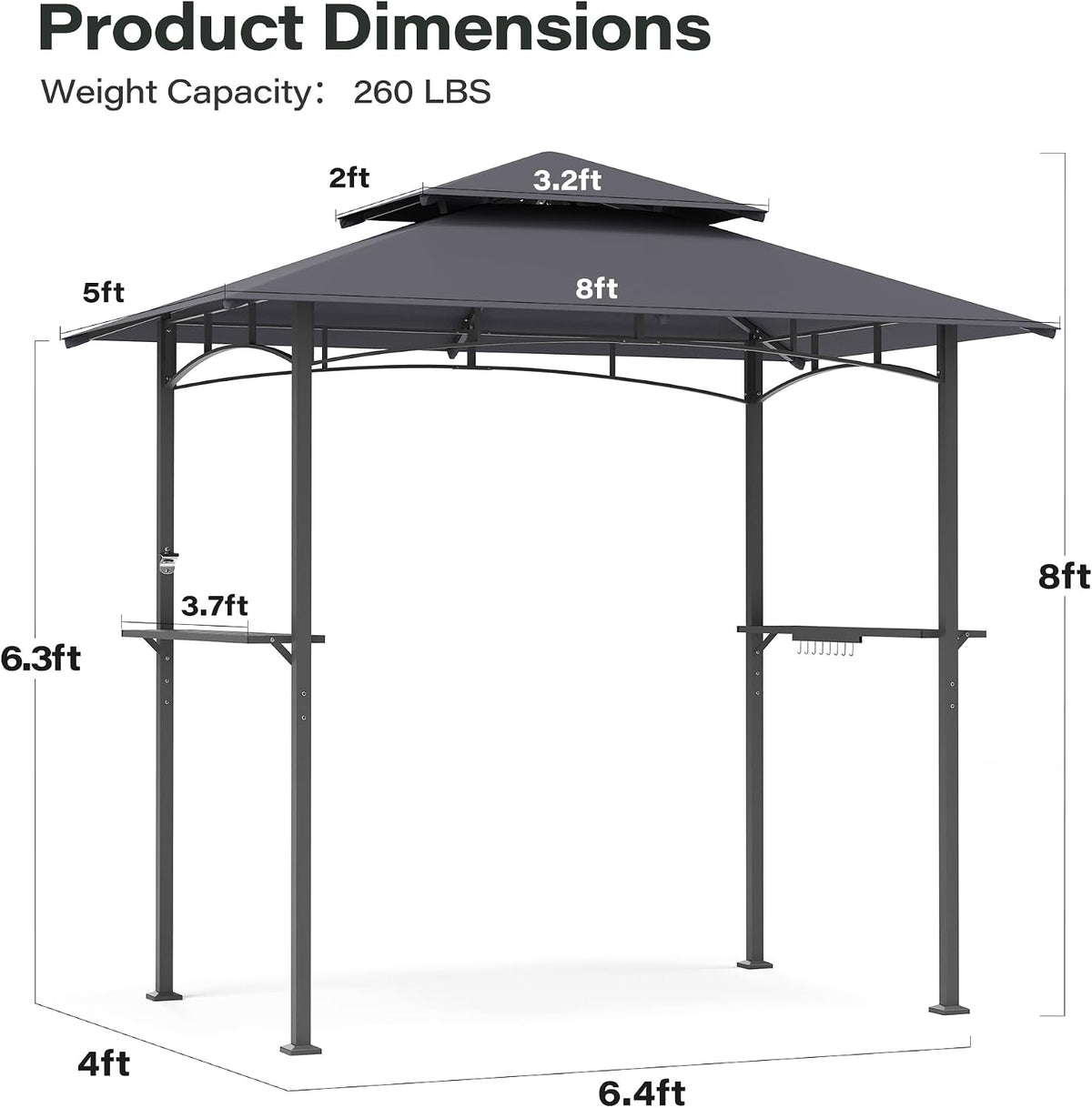 LAUSAINT HOME 5x8 FT Outdoor Grill Gazebo Canopy, BBQ Gazebo with 2-Tier Vented Top, 2 Durable Shelves &amp; Metal Frame Grill ShelterDark Gray