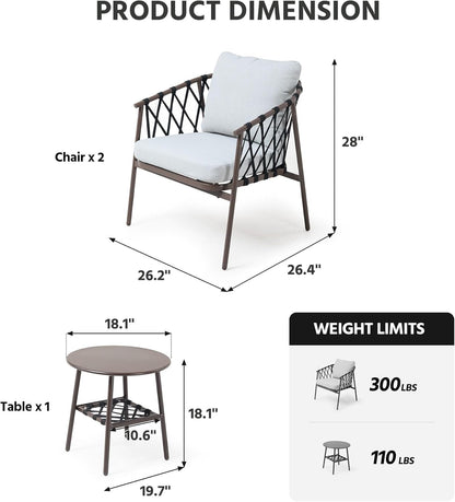LAUSAINT HOME 3 Pieces Patio Bistro Set, Woven Rope Chairs with Cushions