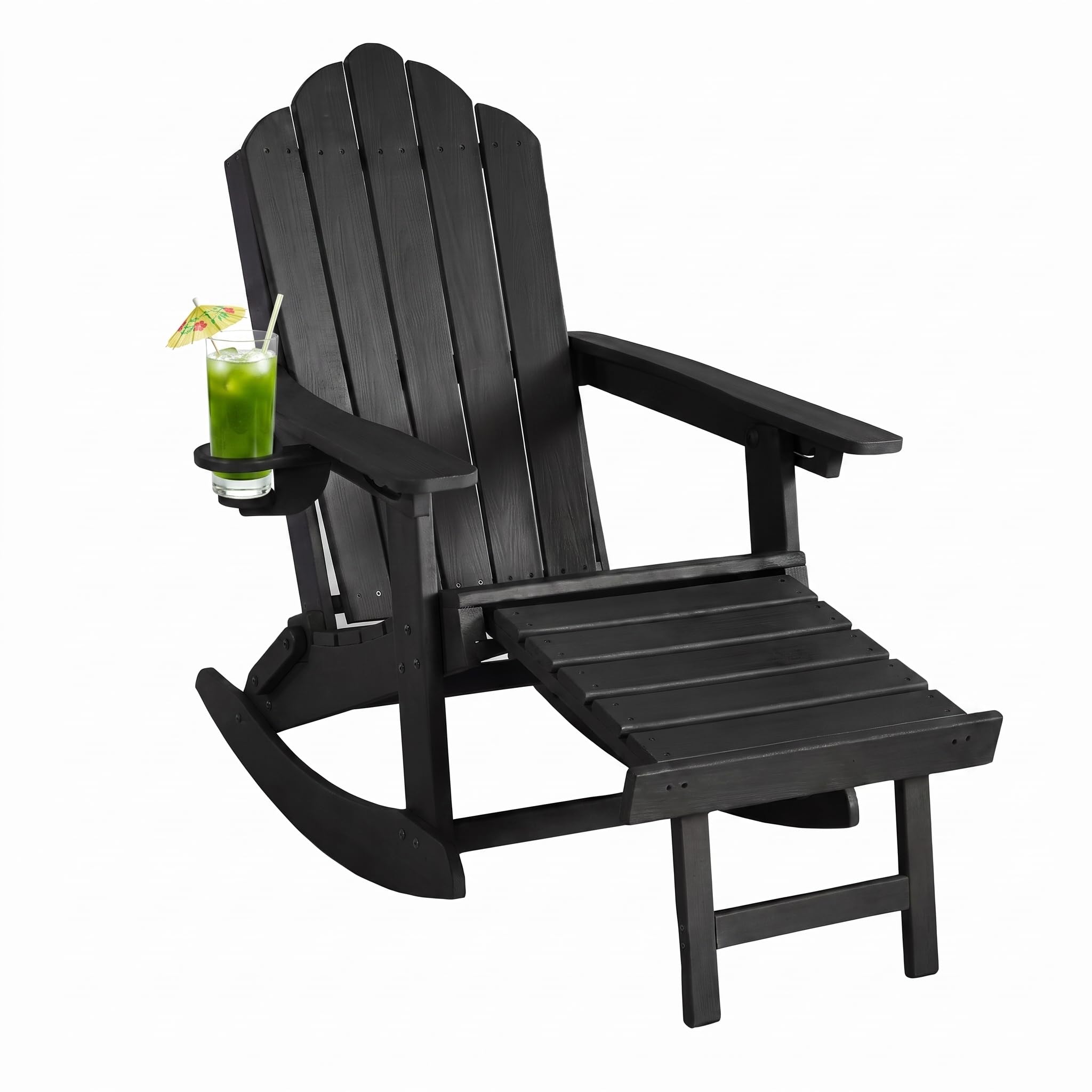 LAUSAINT HOME Folding Adirondack Rocking Chairs Set with Retractable Ottomans, 3-Position Adjustable Backrests and Cup Holders