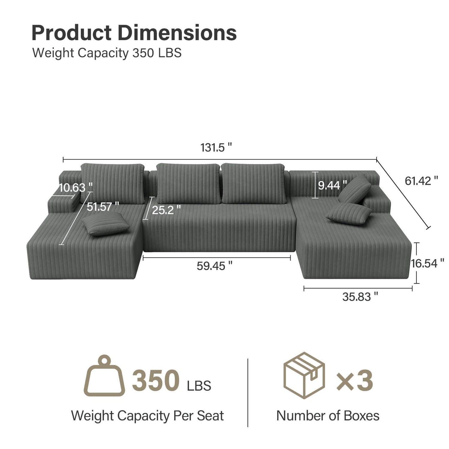 LAUSAINT HOME 96" Modular Sectional Sofa Couches, L-Shaped Boneless Cloud Sofa with 3 Deep Seat