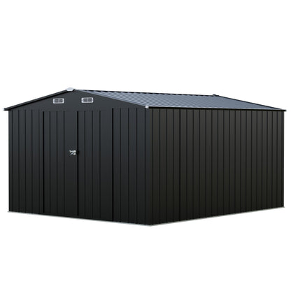 LAUSAINT HOME 8 x 6 FT Outdoor Storage Shed with Window, Galvanized Steel Storage Shed, Double Lockable Doors, Gable Roof &amp; Air Vent for Backyard, Brown