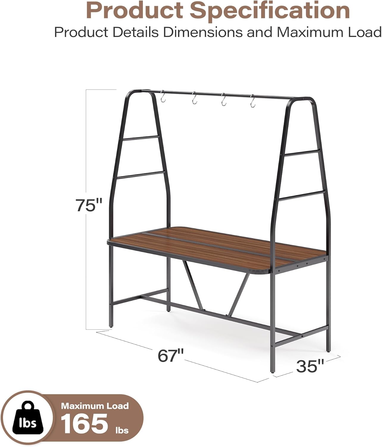 LAUSAINT HOME A-Frame Outdoor Dining Table with 4 Hooks for Hanging Plants, Lights, décors