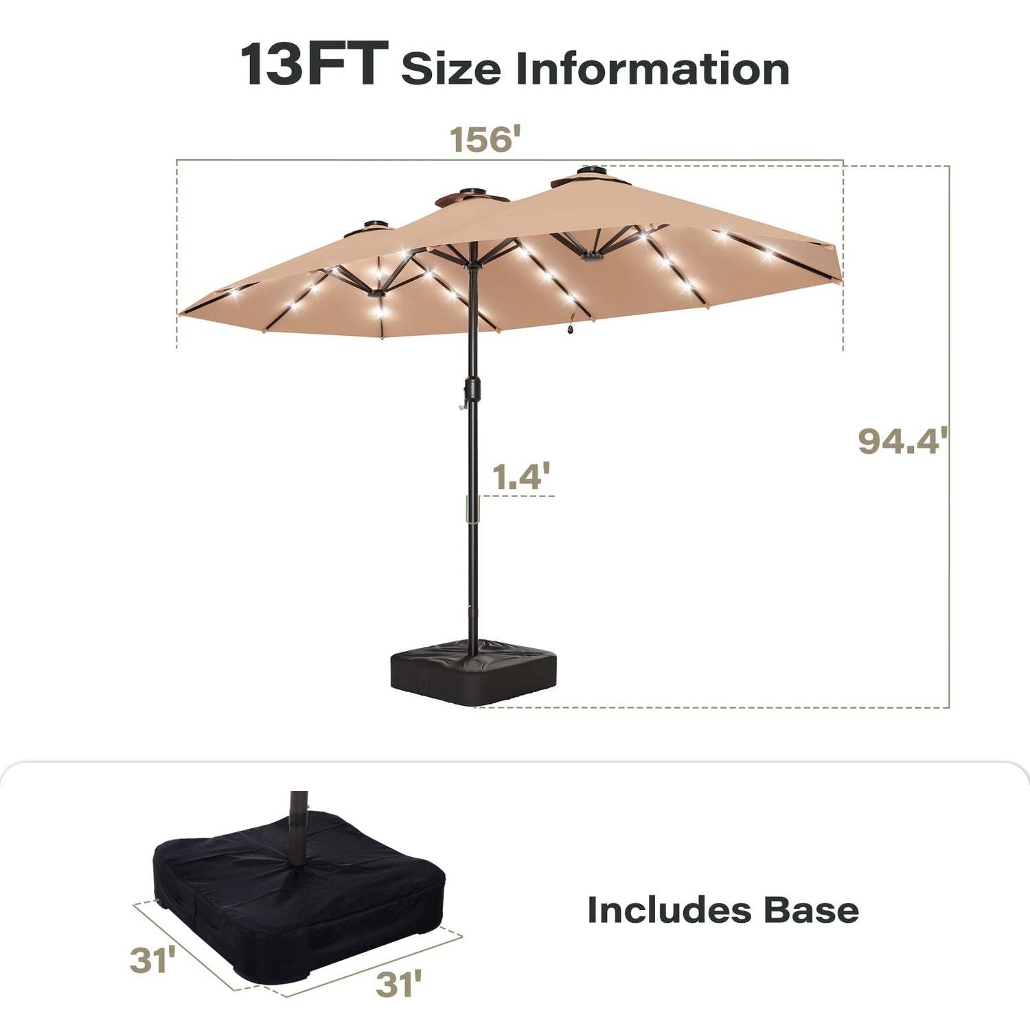 LAUSAINT HOME Large Double-Sided Rectangle Patio Umbrella with LED Light and Base, 13FT/15FT