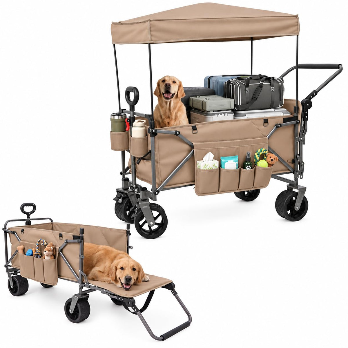 LAUSAINT HOME 3-in-1 Folding Pet Wagon with Canppy for Senior,Elderly, Injured Dogs, Heavy Duty Utility Medium &amp; Large Dog Stroller Cart, All-Terrain Collapsible Wagon for Beach, Shopping, Camping