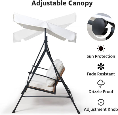 LAUSAINT HOME Porch Swing, 2 Person Wicker Patio Swing Chair with Adjustable Canopy