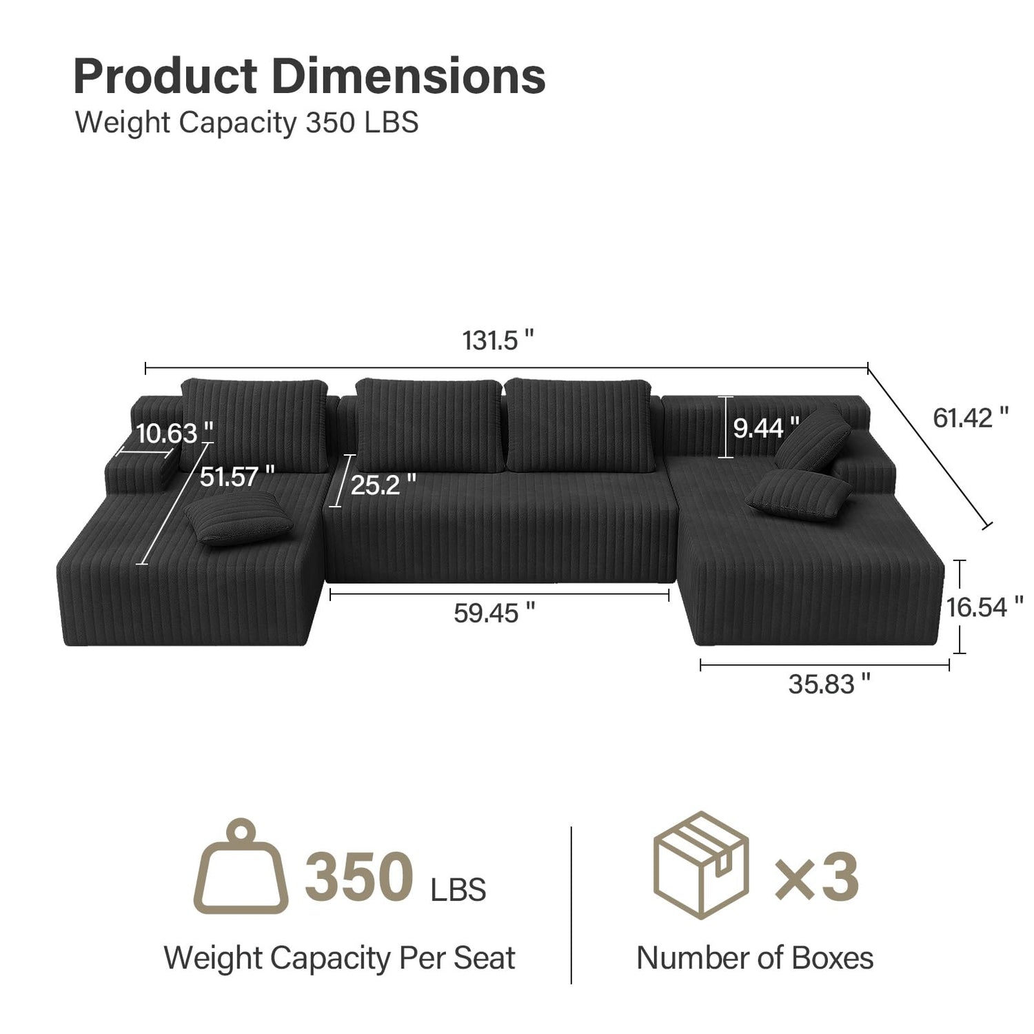 LAUSAINT HOME 96" Modular Sectional Sofa Couches, L-Shaped Boneless Cloud Sofa with 3 Deep Seat
