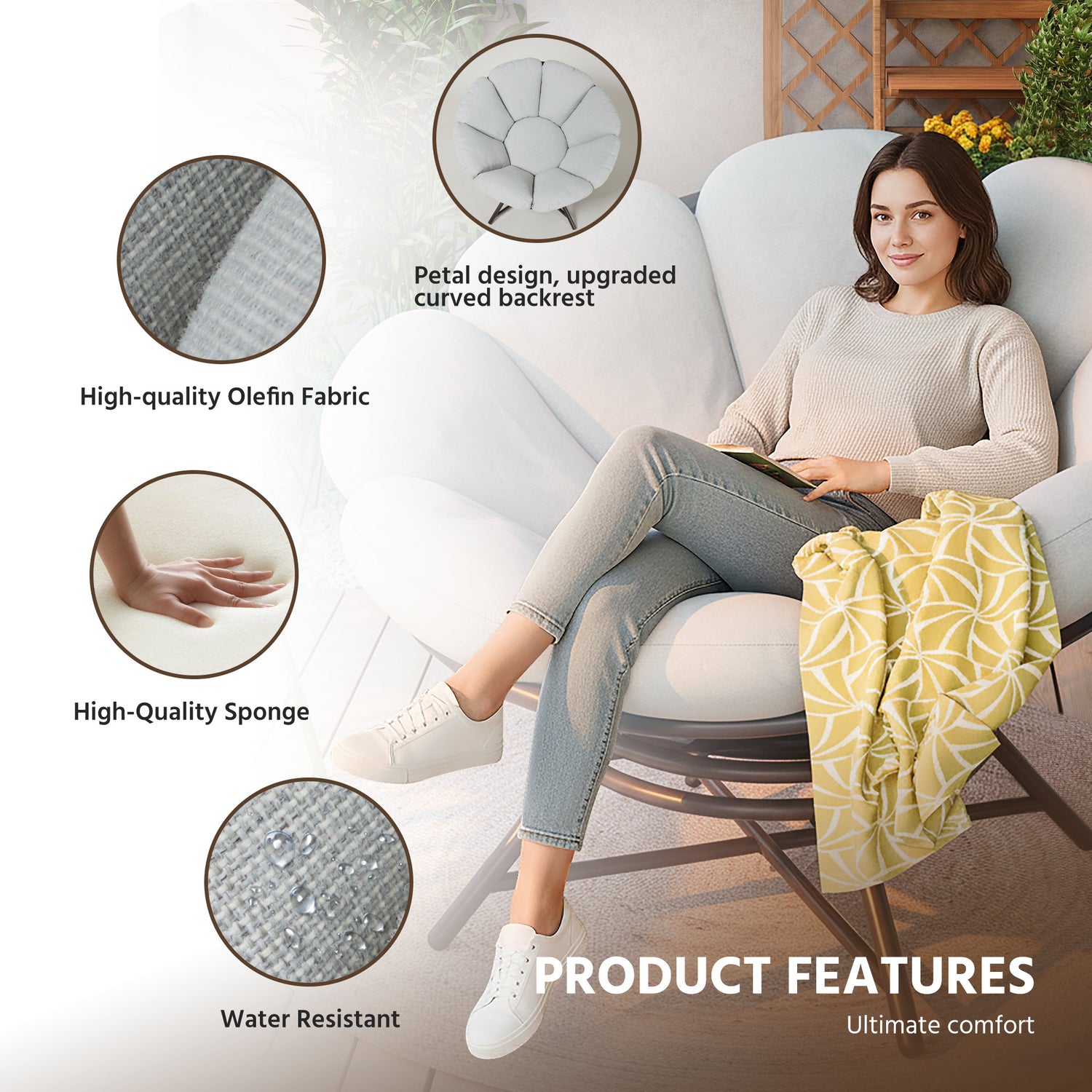 LAUSAINT HOME 40&quot; Wicker Papasan Chair with 360° Swivel Base