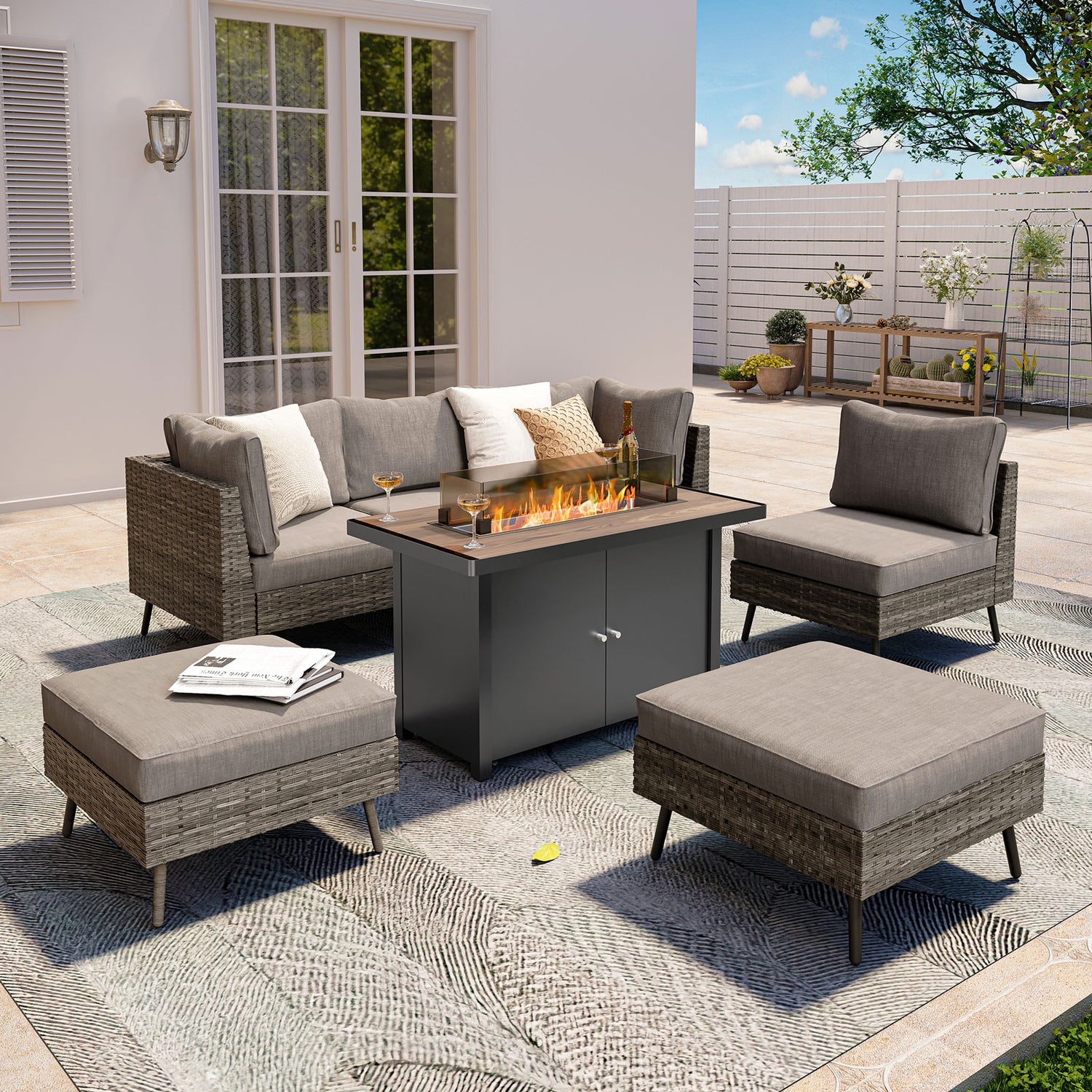 6-Pieces Patio Furniture Set with 43&quot; Propane Gas Fire Pit Table