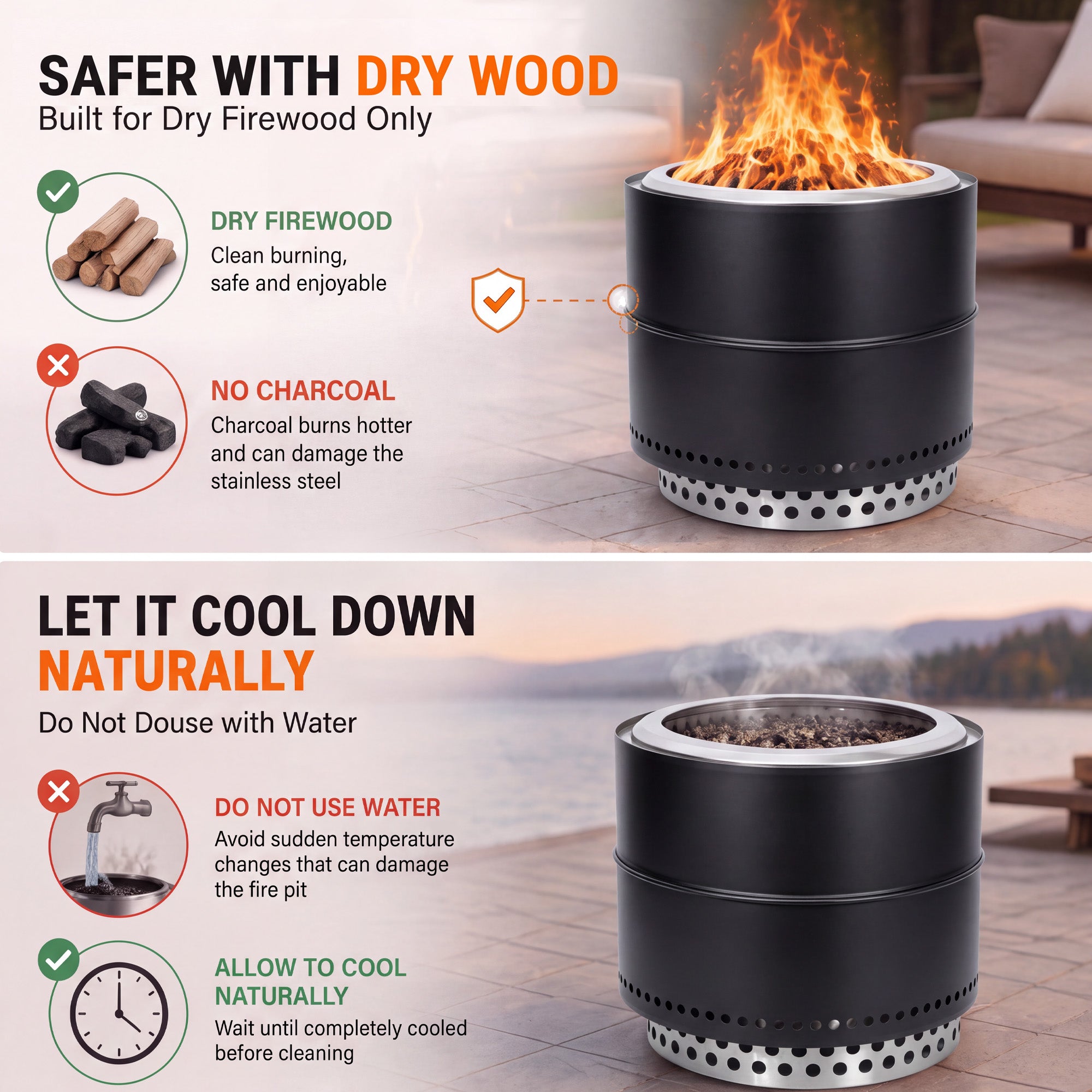 Lausaint Home 20 Inch Smokeless Fire Pit, Outdoor Wood Burning Firepit with Grill Grate &amp; Stand